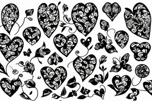 Floral pattern long vine with roses and thorns butterfly shaped petals and a heart shape in the middle tattoo idea