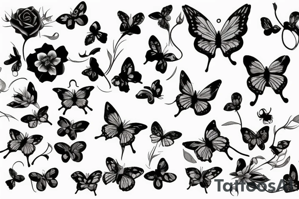 long vine with roses and thorns butterfly shaped petals tattoo idea