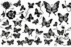 long vine with roses and thorns butterfly shaped petals tattoo idea