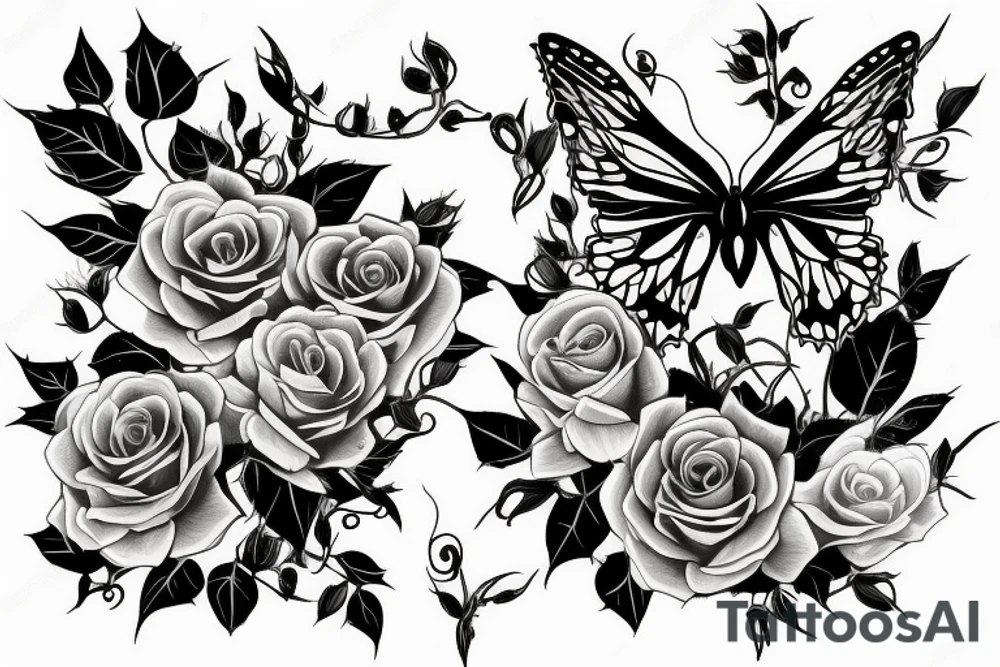 long vine with roses and thorns butterfly shaped petals tattoo idea