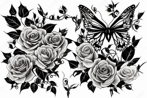 long vine with roses and thorns butterfly shaped petals tattoo idea