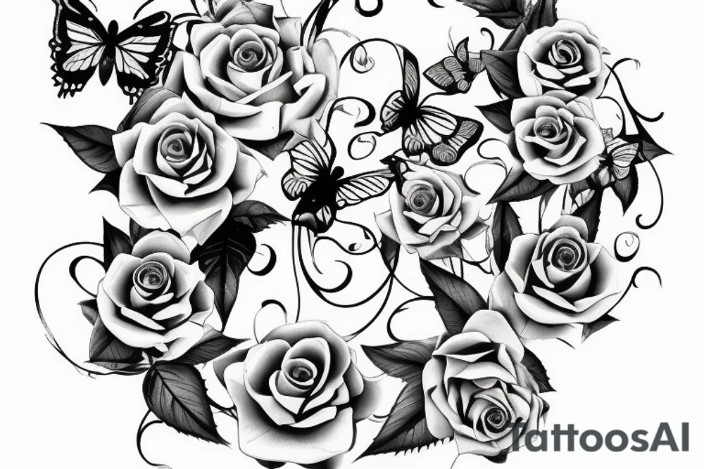 long vine with roses and thorns butterfly shaped petals tattoo idea