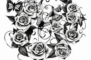 long vine with roses and thorns butterfly shaped petals tattoo idea