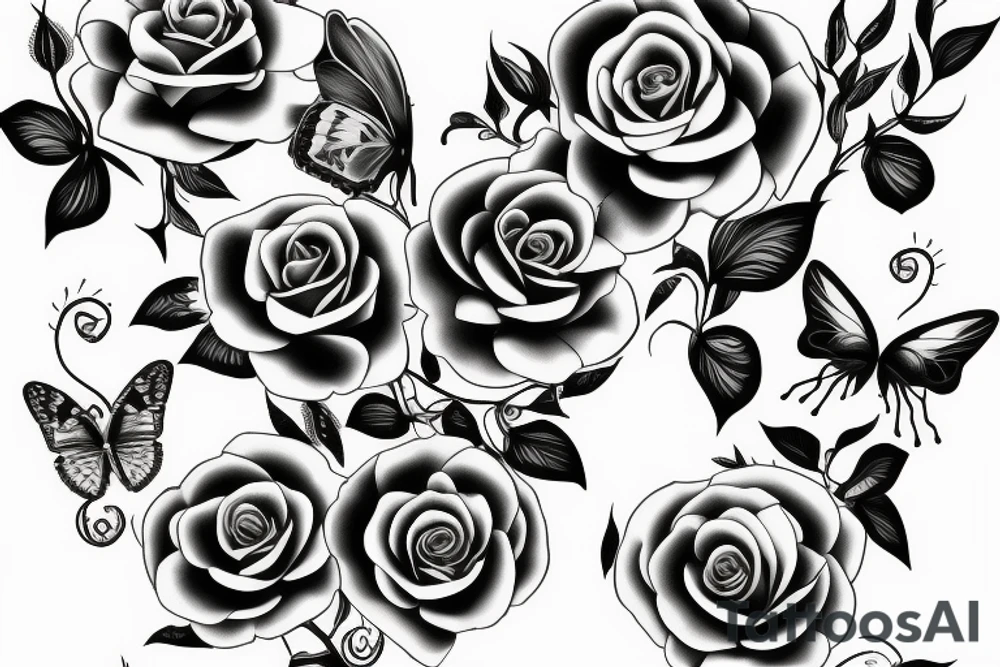 long vine with roses and thorns butterfly shaped petals tattoo idea