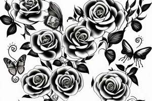 long vine with roses and thorns butterfly shaped petals tattoo idea