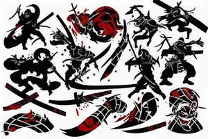 Ninja slicing though an enemy with blood squirting out of the enemy tattoo idea