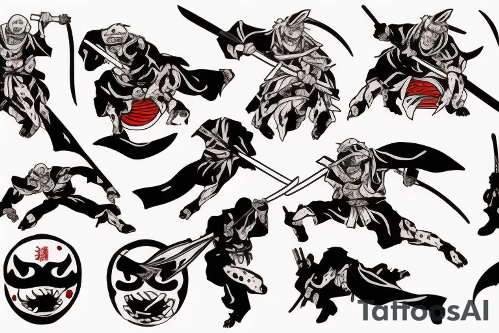 Ninja slicing though an enemy with blood squirting out of the enemy tattoo idea
