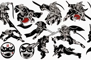 Ninja slicing though an enemy with blood squirting out of the enemy tattoo idea