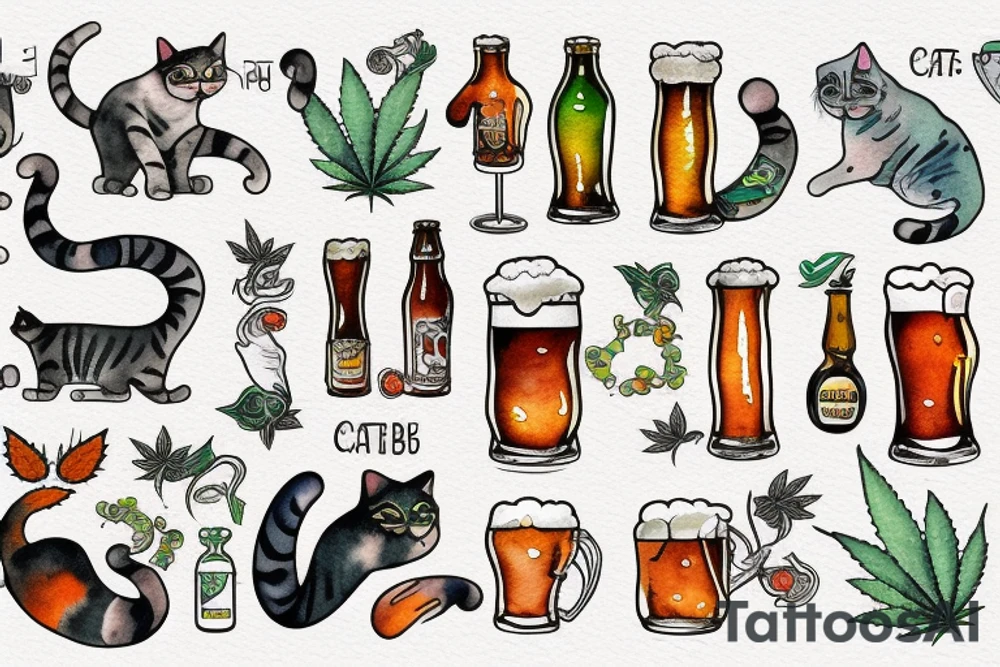 cat cannabis beer tattoo idea
