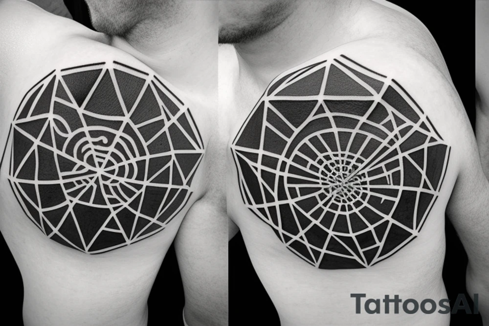 Black and white Tattoo of a 3D flat earth design, combined with the 7 chakra’s and surrounded by a hexagonal grid tattoo idea