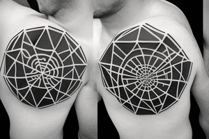 Black and white Tattoo of a 3D flat earth design, combined with the 7 chakra’s and surrounded by a hexagonal grid tattoo idea