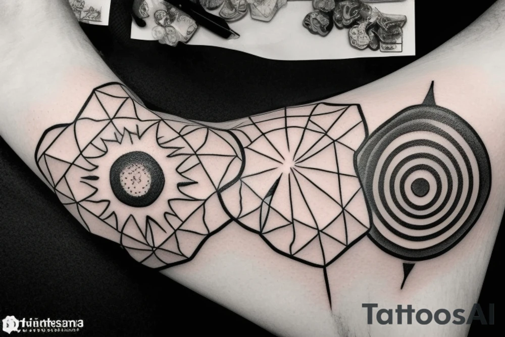 Black and white Tattoo of a 3D flat earth design, combined with the 7 chakra’s and surrounded by a hexagonal grid tattoo idea