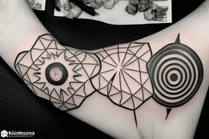 Black and white Tattoo of a 3D flat earth design, combined with the 7 chakra’s and surrounded by a hexagonal grid tattoo idea