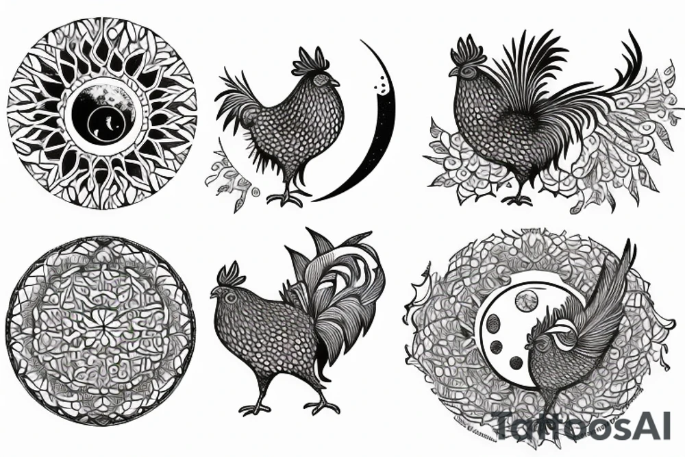 Dove and rooster, sun and moon phases, quote tattoo idea