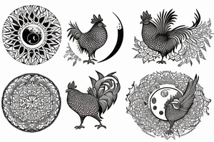 Dove and rooster, sun and moon phases, quote tattoo idea