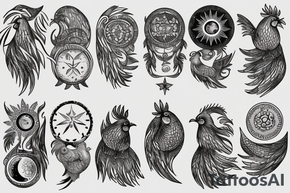Dove and rooster, sun and moon phases, quote tattoo idea