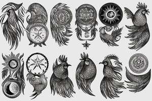 Dove and rooster, sun and moon phases, quote tattoo idea