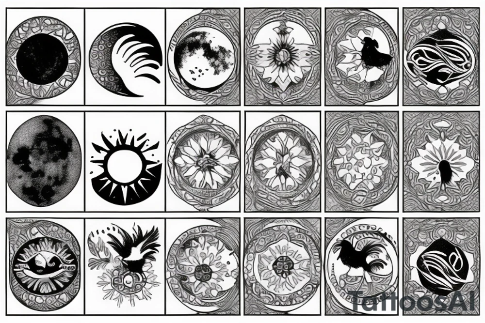 Dove and rooster, sun and moon phases, quote tattoo idea