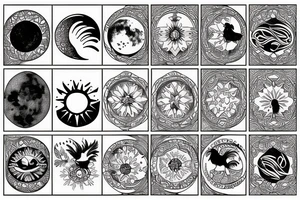 Dove and rooster, sun and moon phases, quote tattoo idea