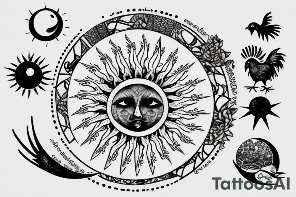 Dove and rooster, sun and moon phases, quote tattoo idea