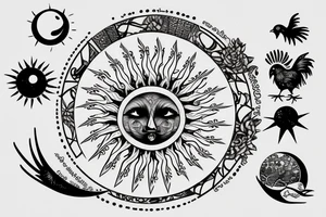 Dove and rooster, sun and moon phases, quote tattoo idea