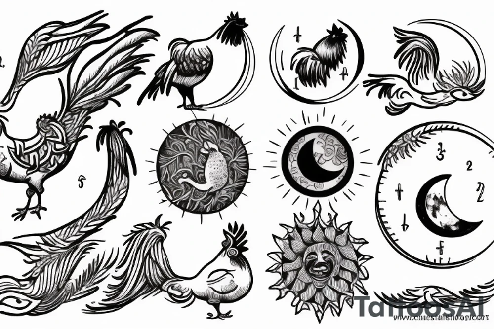 Dove and rooster, sun and moon phases, quote tattoo idea