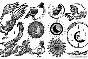 Dove and rooster, sun and moon phases, quote tattoo idea