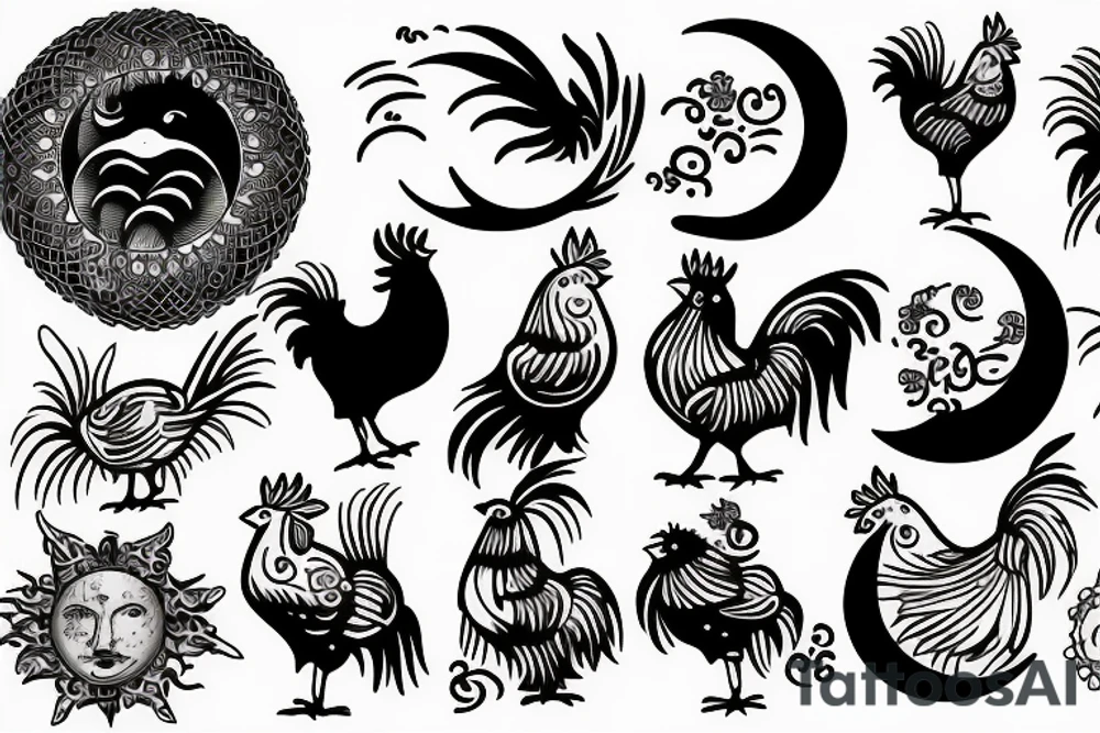 Dove and rooster, sun and moon phases, quote tattoo idea