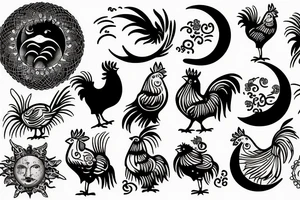 Dove and rooster, sun and moon phases, quote tattoo idea