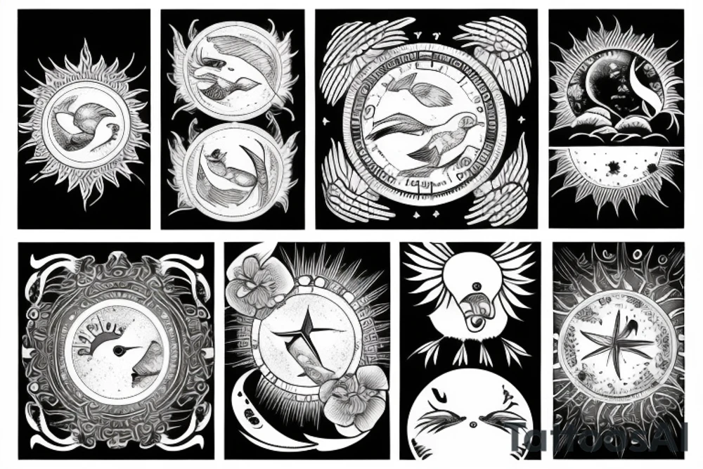 Dove and rooster, sun and moon phases, quote tattoo idea