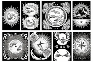 Dove and rooster, sun and moon phases, quote tattoo idea