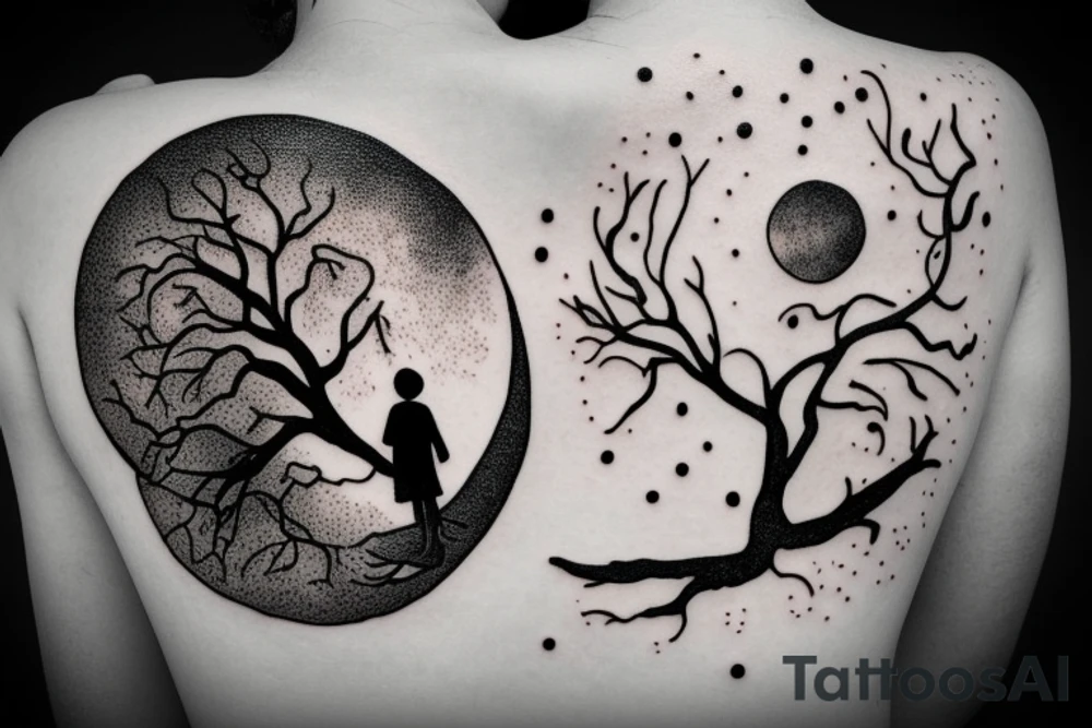 Detailed moon behind Australian tree with daddy and daughter holding hands in foreground tattoo idea