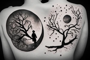 Detailed moon behind Australian tree with daddy and daughter holding hands in foreground tattoo idea