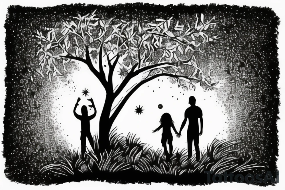 Detailed moon behind Australian tree with daddy and daughter holding hands in foreground tattoo idea
