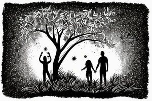Detailed moon behind Australian tree with daddy and daughter holding hands in foreground tattoo idea