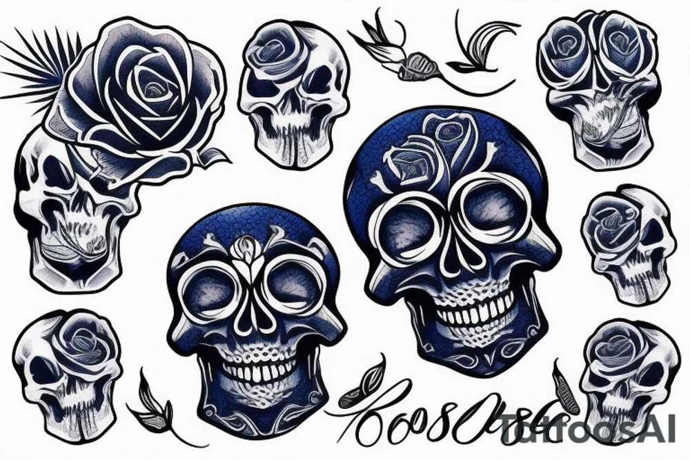 Blue rose skull tropical tattoo idea
