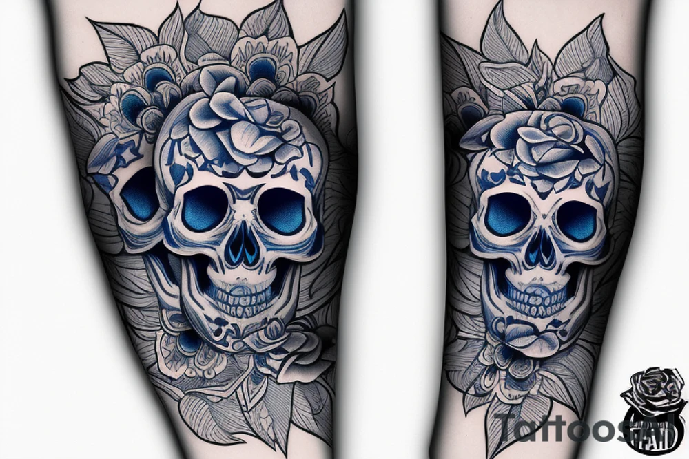 Blue rose skull tropical full sleeve tattoo idea