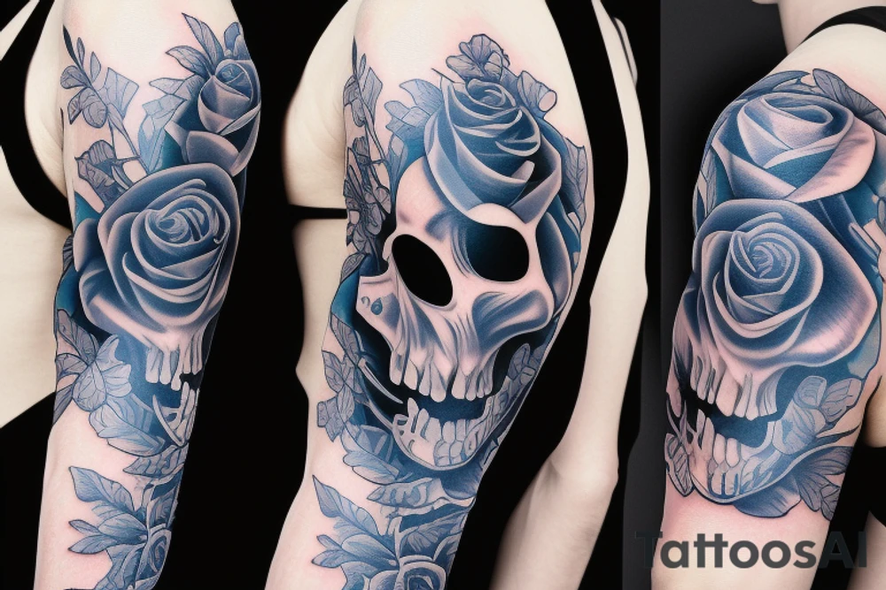 Blue rose skull tropical full sleeve tattoo idea