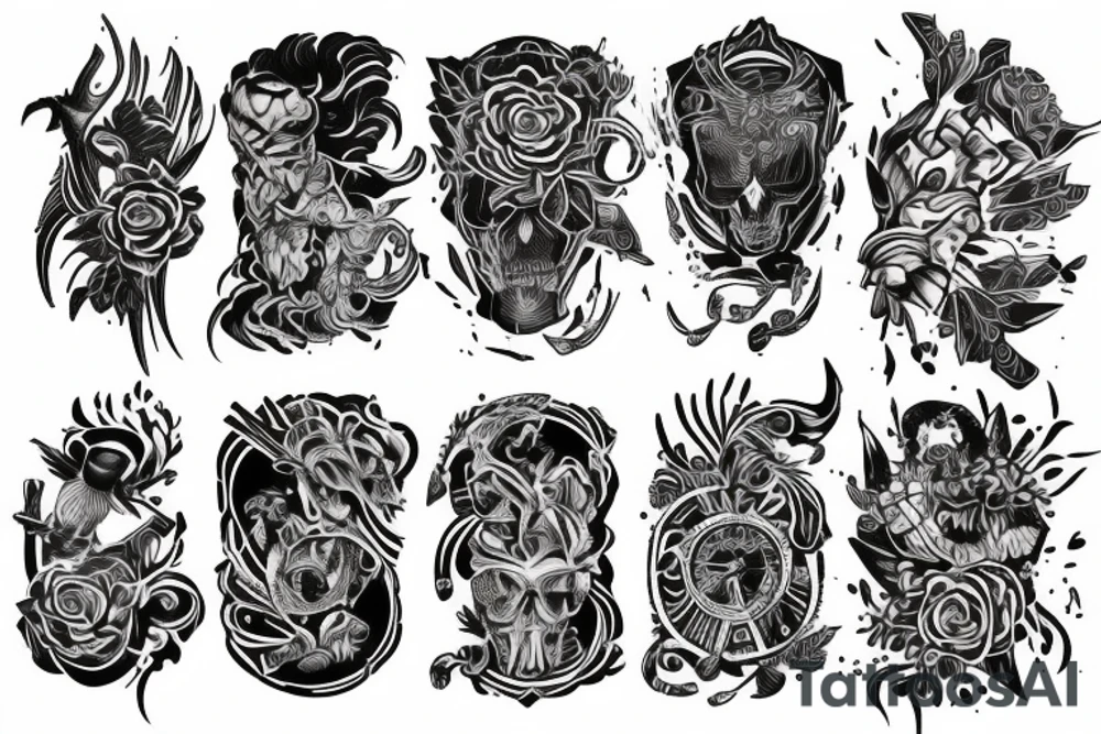 A blackout full sleeve with vibrant universal colors splashed throughout tattoo idea