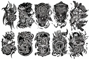 A blackout full sleeve with vibrant universal colors splashed throughout tattoo idea