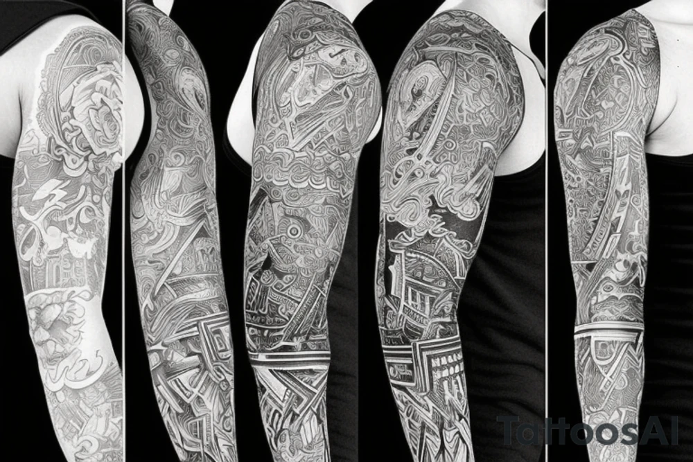A blackout full sleeve with vibrant universal colors splashed throughout tattoo idea