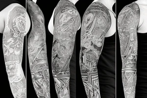 A blackout full sleeve with vibrant universal colors splashed throughout tattoo idea