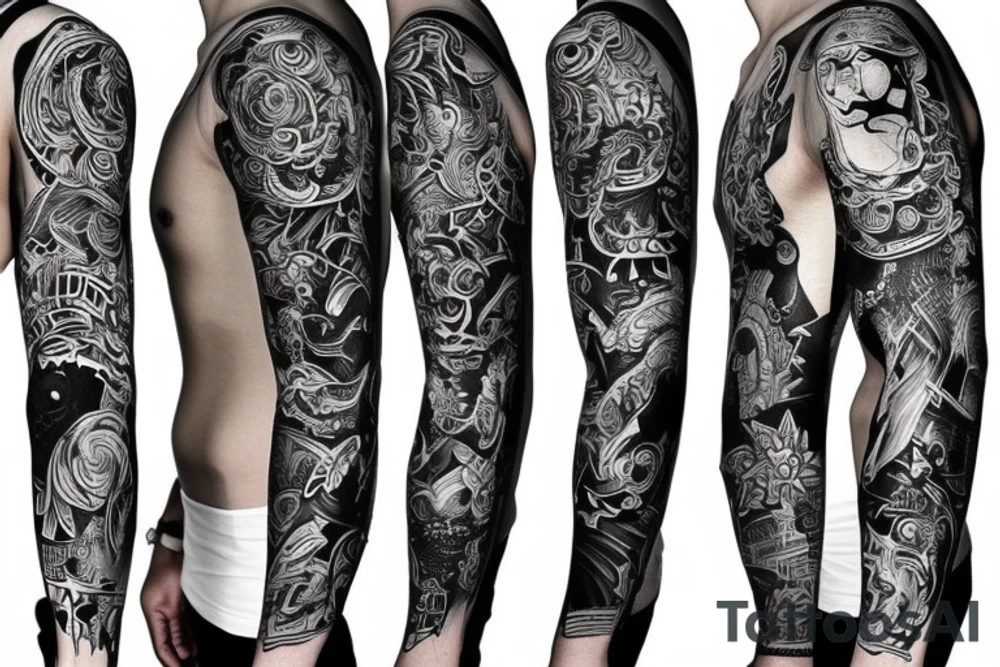 A blackout full sleeve with vibrant universal colors splashed throughout tattoo idea