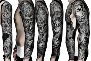 A blackout full sleeve with vibrant universal colors splashed throughout tattoo idea