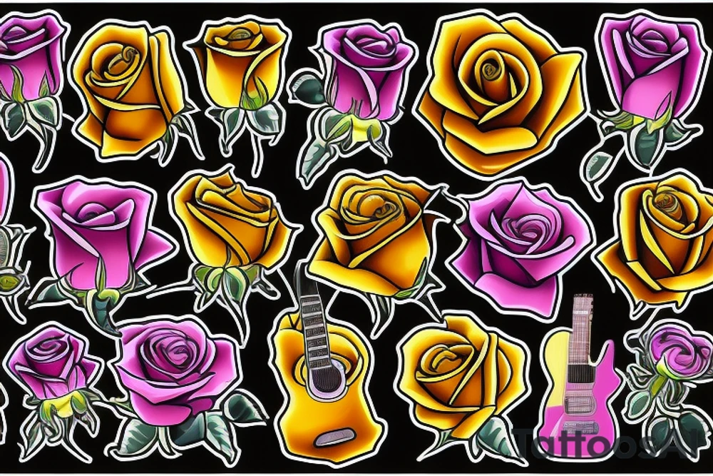 Yellow rose, guitars and Cadillacs, neon moom tattoo idea
