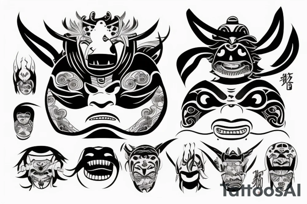 japanese oni mask with a qoute in his theeth tattoo idea