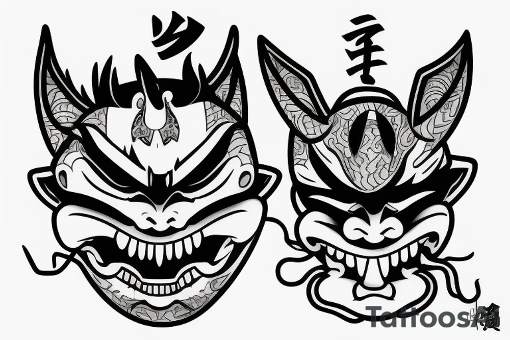japanese oni mask with a qoute in his theeth tattoo idea