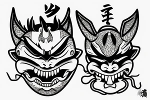 japanese oni mask with a qoute in his theeth tattoo idea