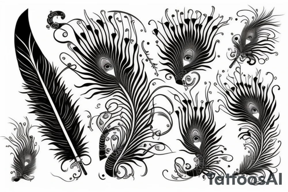 katana surround by a peacock feather tattoo idea