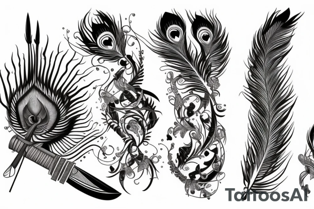 katana surround by a peacock feather tattoo idea
